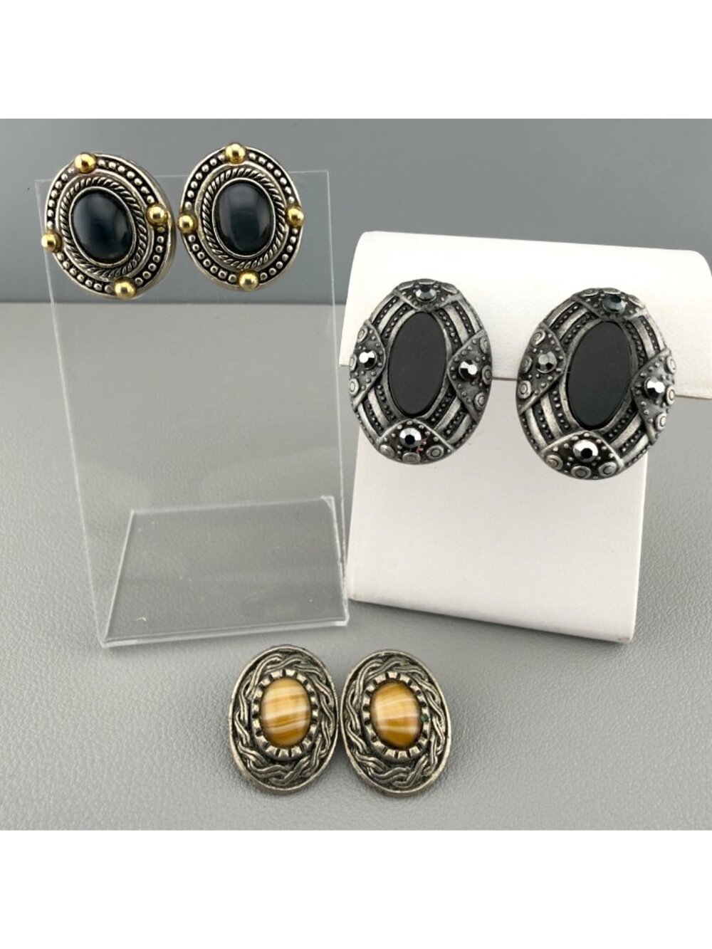 Vintage Clip-On Earrings Lot 3 Pair Oval Cabochon Mixed Metal Statement